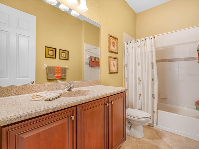 bathroom featuring shower / bath combination with curtain, tile patterned flooring, vanity, and toilet