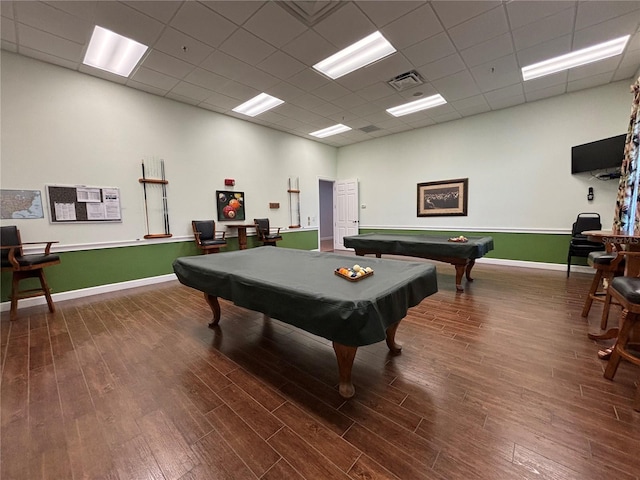 game room featuring visible vents, billiards, baseboards, and wood finished floors