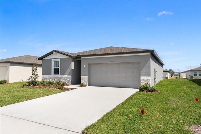 view of front of house with a garage, stone siding, a front lawn, and stucco siding