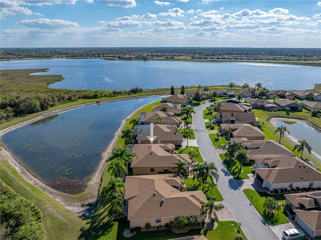 birds eye view of property with a water view and a residential view