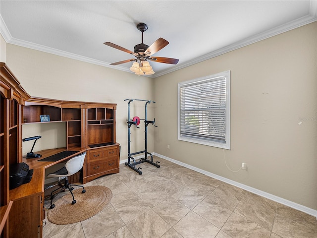 office area with baseboards, ceiling fan, light tile patterned floors, and crown molding