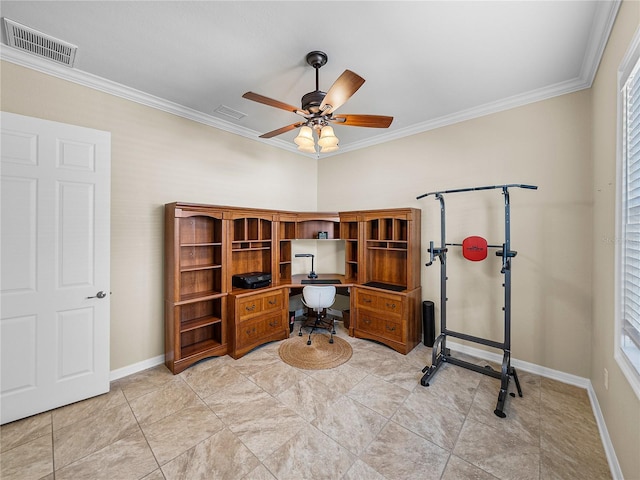 office area with baseboards, ceiling fan, visible vents, and crown molding