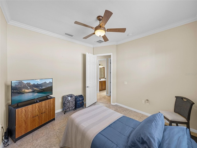 bedroom featuring a ceiling fan, baseboards, visible vents, and crown molding