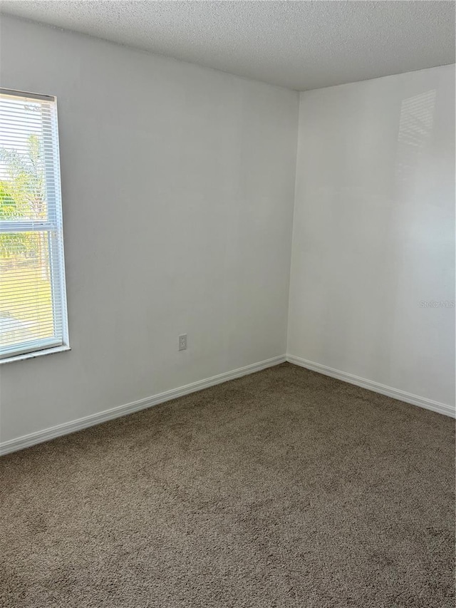 spare room featuring baseboards, a textured ceiling, and carpet flooring