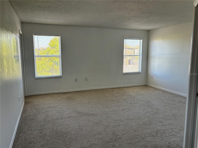 carpeted spare room with a wealth of natural light, baseboards, and a textured ceiling