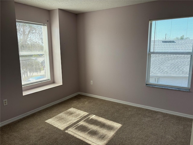 carpeted spare room with baseboards and a textured ceiling