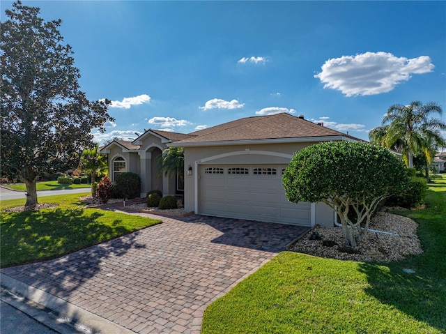 view of front of property featuring a garage, decorative driveway, a front lawn, and stucco siding