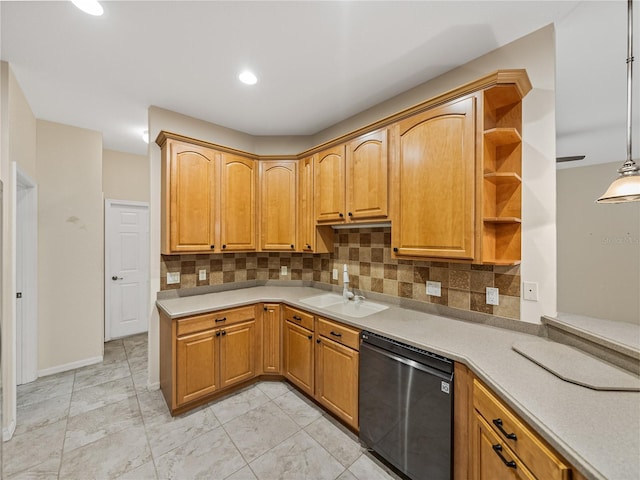 kitchen with open shelves, light countertops, decorative backsplash, stainless steel dishwasher, and a sink