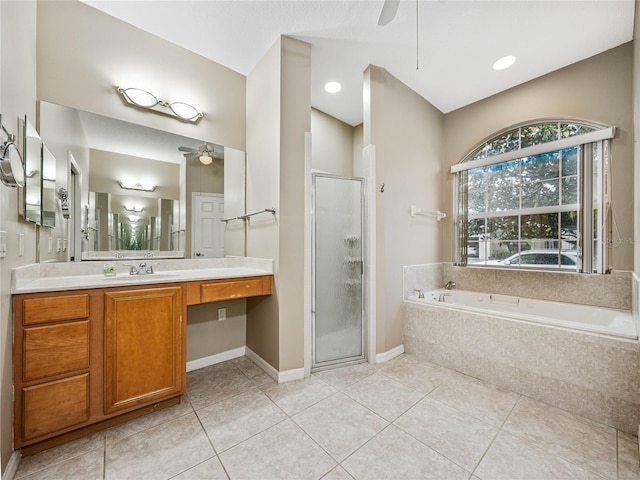 bathroom with a garden tub, a ceiling fan, vanity, a shower stall, and tile patterned flooring