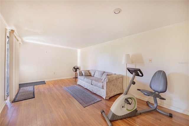 living area featuring crown molding, baseboards, and wood finished floors