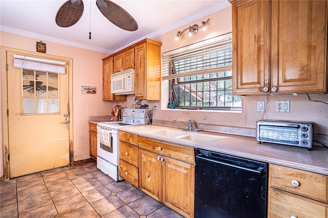 kitchen with white appliances, a toaster, ornamental molding, light countertops, and a sink