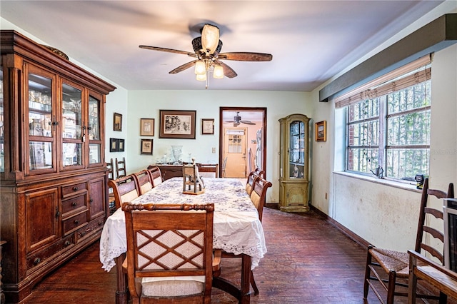 dining room featuring dark wood-style floors, baseboards, and a ceiling fan