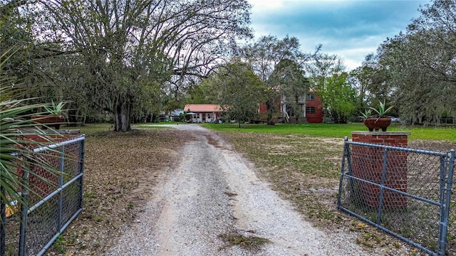 view of street featuring a gate, a gated entry, and dirt driveway