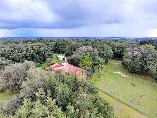 drone / aerial view featuring a rural view and a forest view