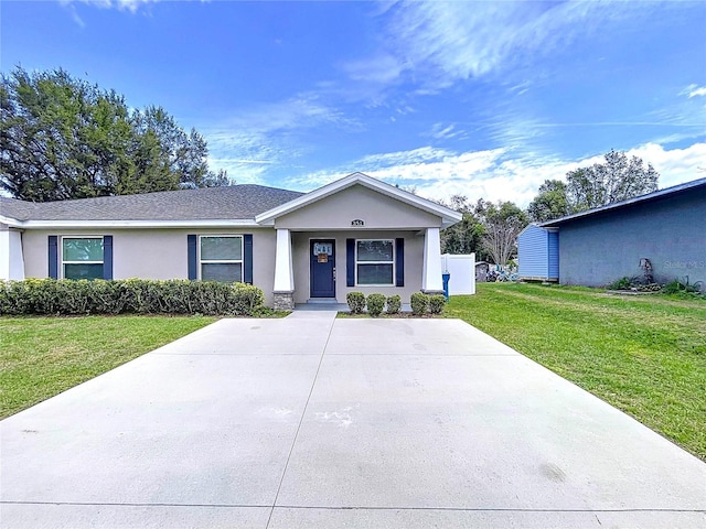 single story home with a front lawn and stucco siding