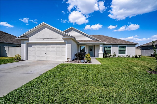 ranch-style home with an attached garage, fence, a front lawn, and stucco siding