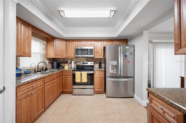 kitchen featuring ornamental molding, a raised ceiling, appliances with stainless steel finishes, and a sink