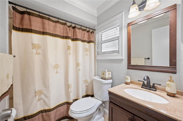 full bath featuring toilet, a textured wall, ornamental molding, and vanity