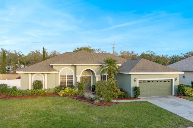 view of front of home featuring driveway, a shingled roof, an attached garage, a front yard, and stucco siding