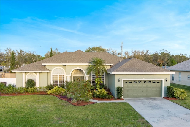 view of front facade featuring stucco siding, a shingled roof, a garage, driveway, and a front lawn