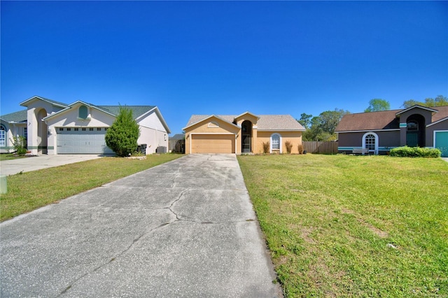 single story home featuring stucco siding, fence, and a front yard