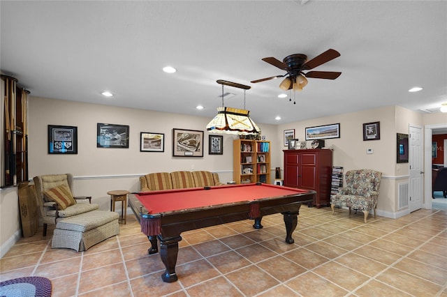 rec room featuring recessed lighting, pool table, ceiling fan, and light tile patterned floors