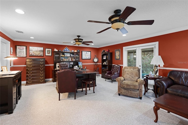 office space featuring recessed lighting, light carpet, a ceiling fan, visible vents, and crown molding