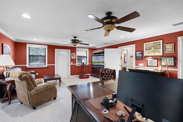 carpeted living area with a textured ceiling, visible vents, crown molding, and recessed lighting