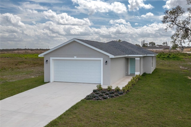 ranch-style home with roof with shingles, stucco siding, an attached garage, a front yard, and driveway