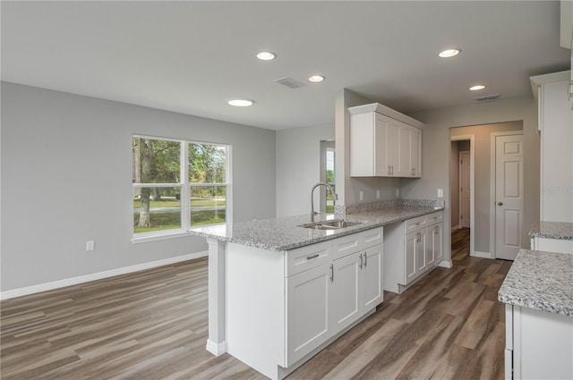 kitchen featuring baseboards, visible vents, a peninsula, white cabinetry, and a sink