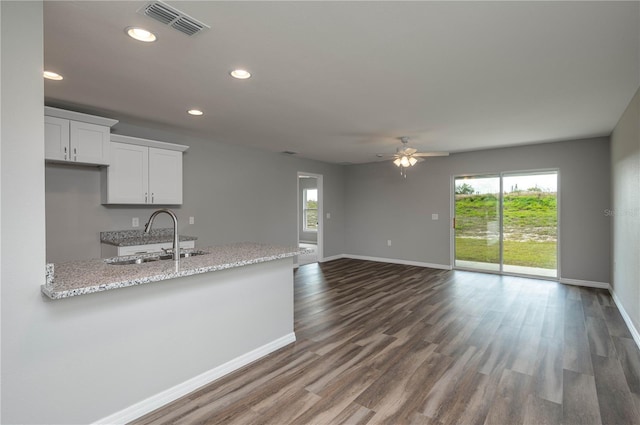 kitchen with baseboards, visible vents, dark wood-style flooring, and a sink