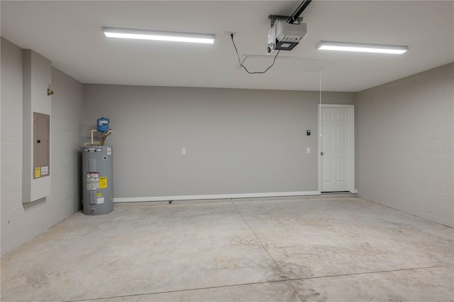 garage featuring electric panel, concrete block wall, water heater, and a garage door opener