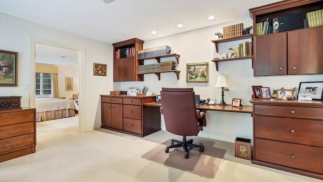 home office with light carpet, baseboards, and recessed lighting