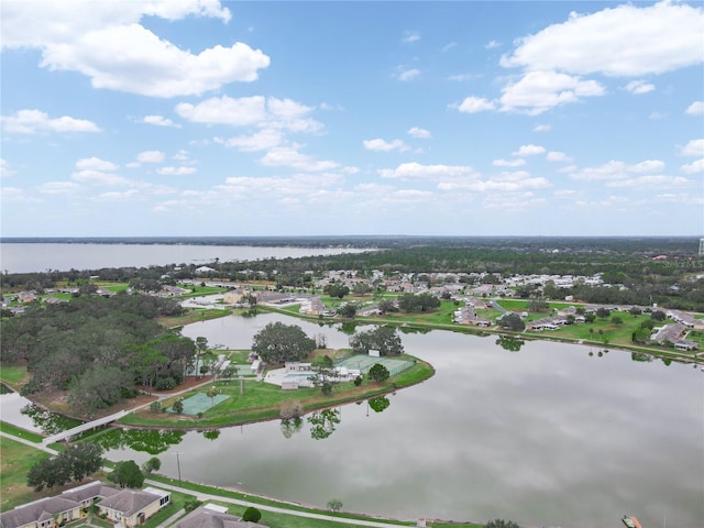 drone / aerial view with a water view