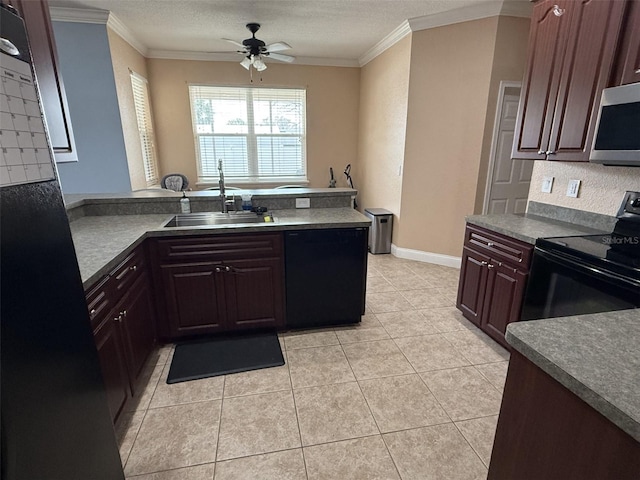 kitchen featuring a textured ceiling, black appliances, a sink, and crown molding