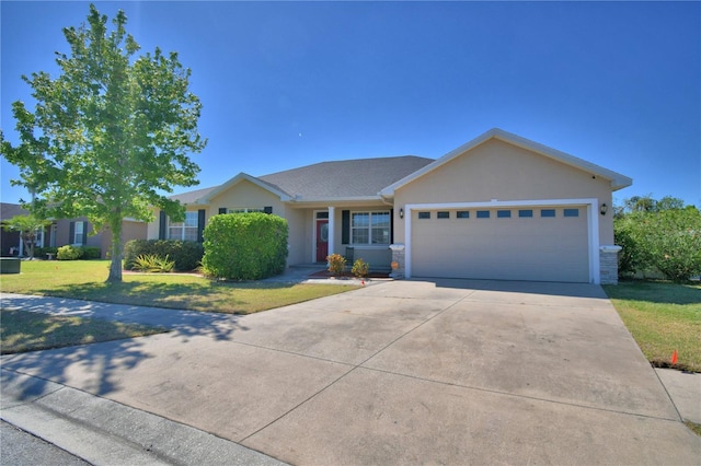 single story home with a garage, stucco siding, concrete driveway, and a front lawn