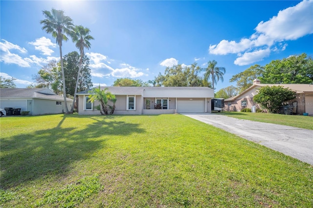 single story home featuring a front yard, concrete driveway, an attached garage, and stucco siding