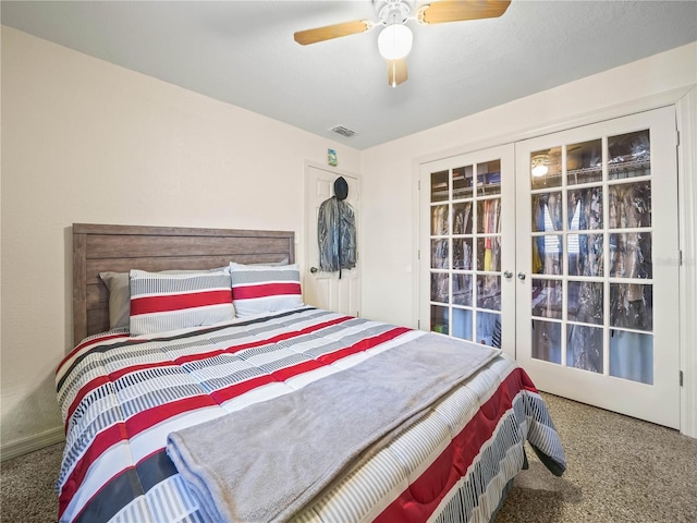 bedroom with ceiling fan, carpet floors, french doors, and visible vents