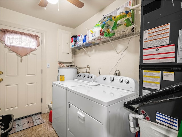 washroom with laundry area, water heater, washer and clothes dryer, and a ceiling fan