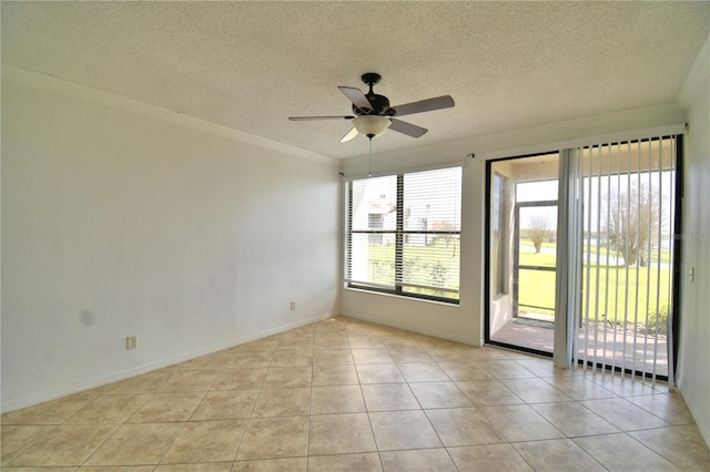 unfurnished room featuring light tile patterned flooring, crown molding, and a textured ceiling