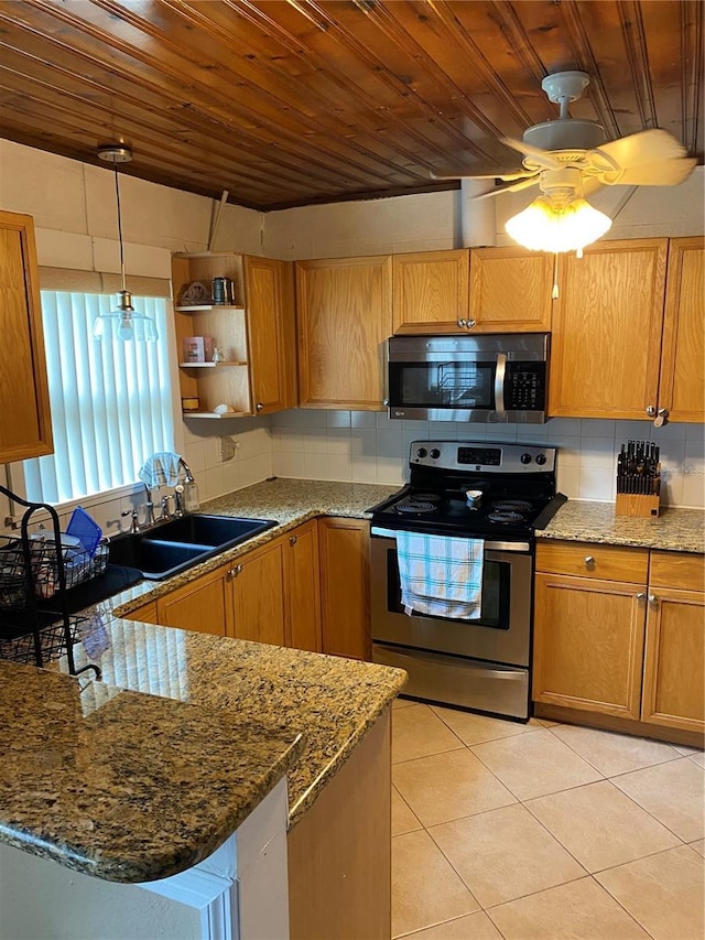 kitchen with wood ceiling, tasteful backsplash, stainless steel appliances, and a sink