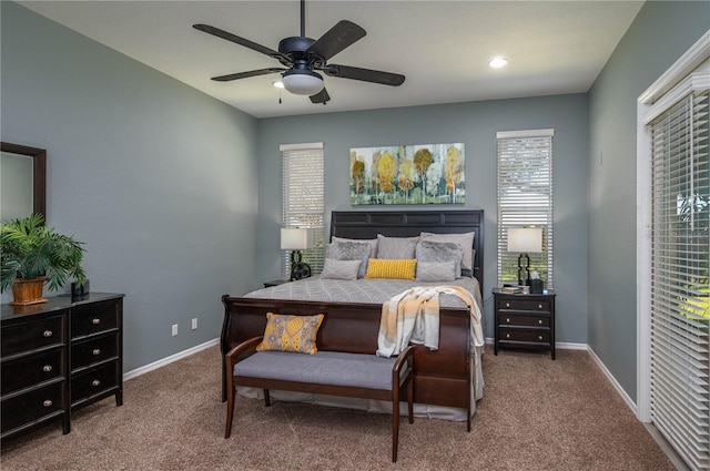 bedroom featuring recessed lighting, baseboards, ceiling fan, and carpet flooring