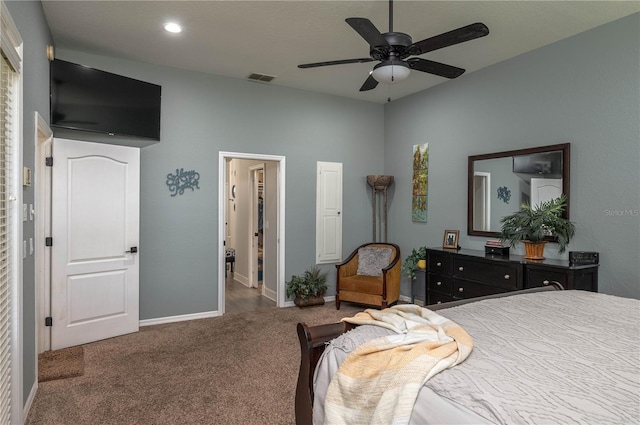 bedroom featuring baseboards, visible vents, recessed lighting, ceiling fan, and carpet flooring