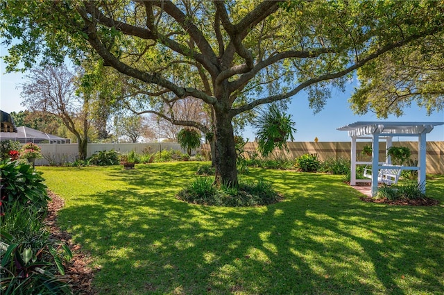 view of yard featuring a fenced backyard and a pergola