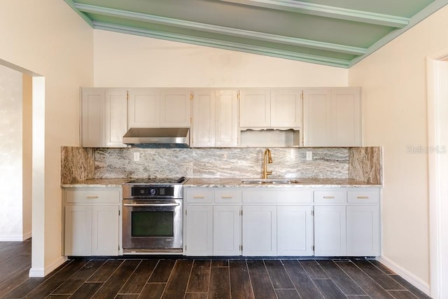 kitchen featuring decorative backsplash, oven, wood finish floors, under cabinet range hood, and a sink