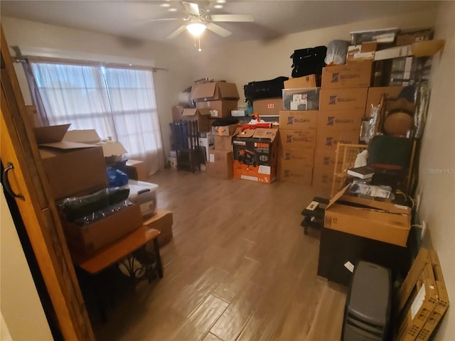 storage room featuring a ceiling fan