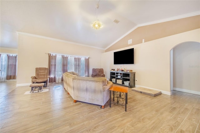 living room featuring arched walkways, baseboards, lofted ceiling, and light wood-type flooring