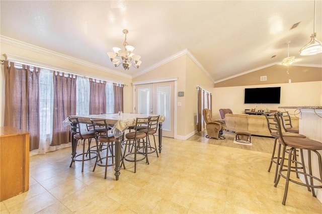 dining area featuring lofted ceiling, ornamental molding, visible vents, and an inviting chandelier