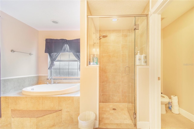 bathroom with a stall shower, tile patterned floors, toilet, and a bath