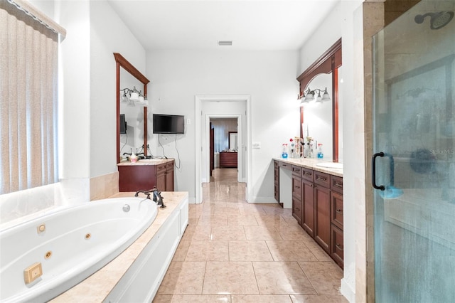 full bath featuring vanity, visible vents, a shower stall, tile patterned floors, and a tub with jets